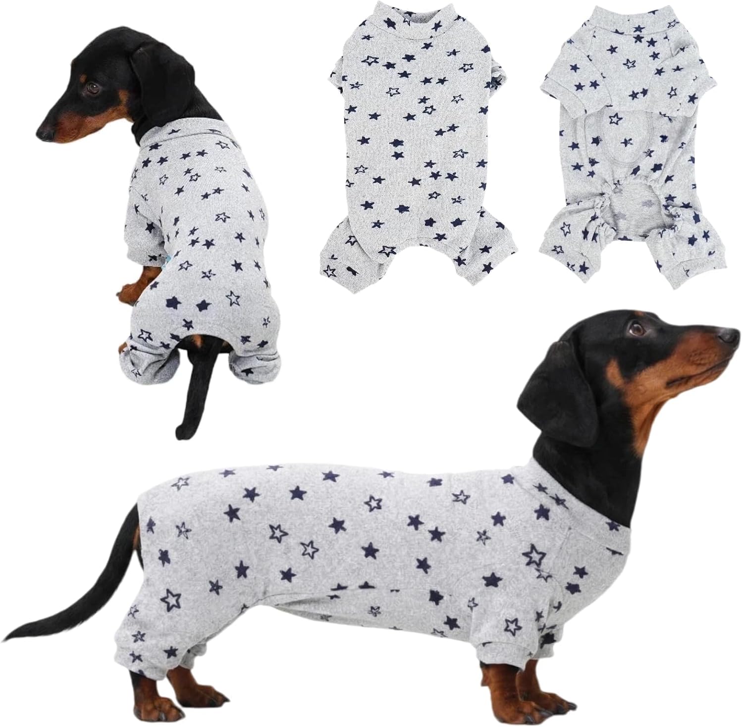 T'CHAQUE Classic Star Dachshund Pajamas front view on a miniature wiener dog.