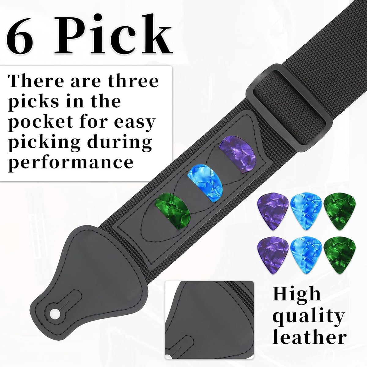 Close-up view of the integrated leatherette pick holder slots on the guitar strap