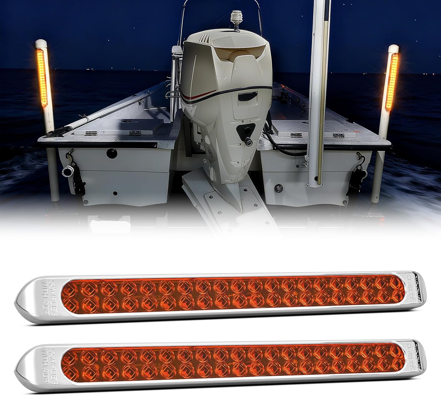 Nilight LED Tail Light front view of twin seventeen inch amber automotive light bars with chrome bezels