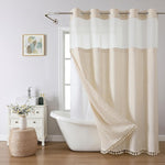 Eachope boho farmhouse no hook shower curtain front view hanging in a modern rustic bathroom.