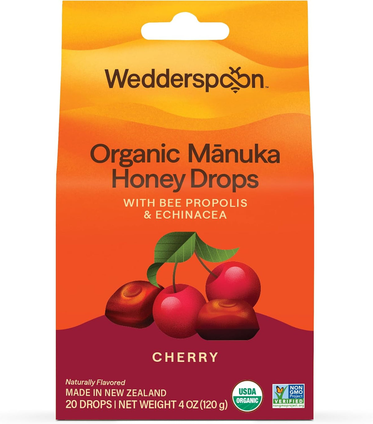 Individual wrapped Wedderspoon organic Manuka honey pops for easy travel.