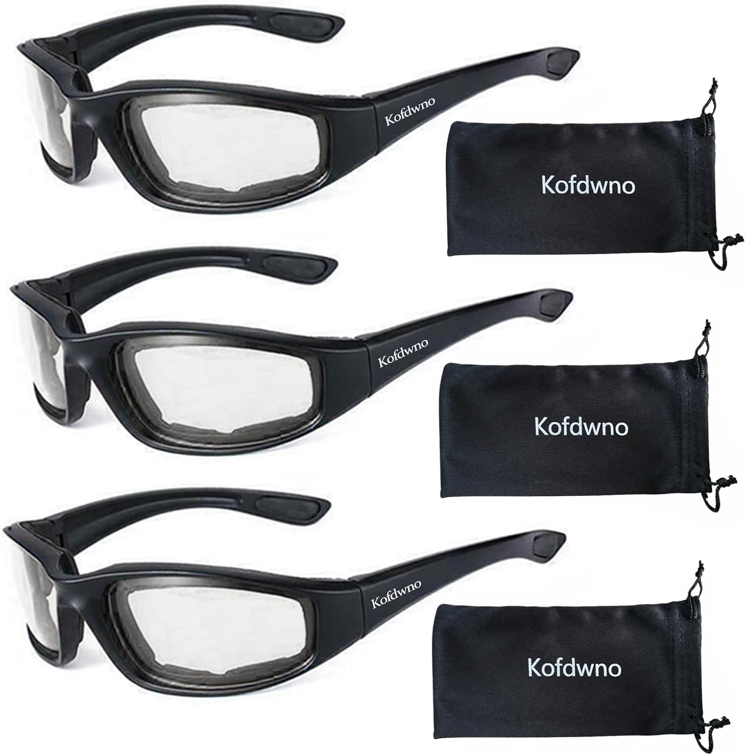Kofdwno motorcycle riding glasses 3 pair pack front view showing black frame and clear protective lenses