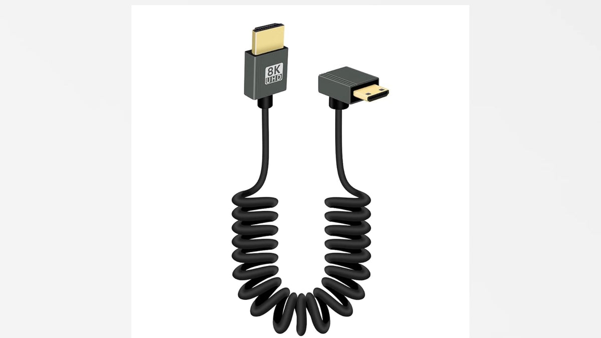 Complete product packaging view of the RIIEYOCA 8K short coiled monitor interconnection cable