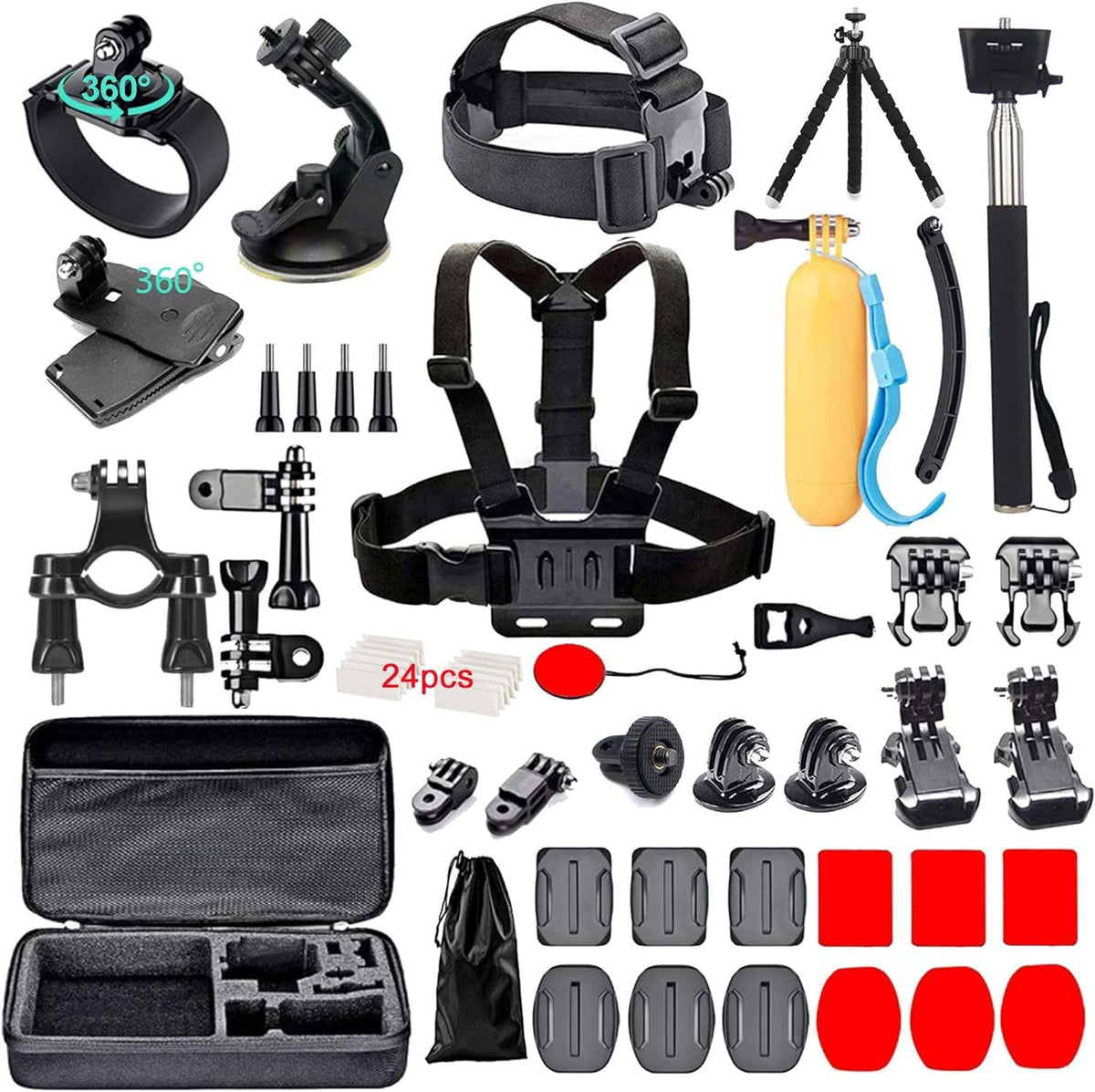Black Pro 60 in 1 action camera accessories kit front view showing complete bundle components.