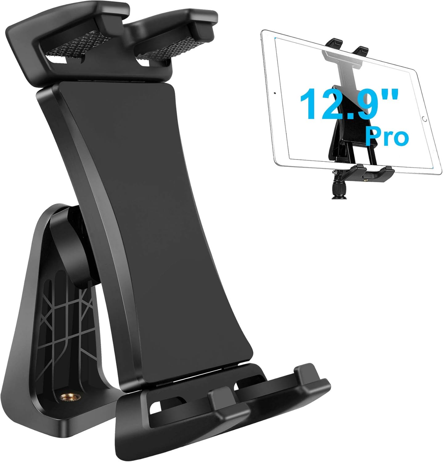 Peastrex universal iPad tripod mount adapter front view showing adjustable tablet clamp holder