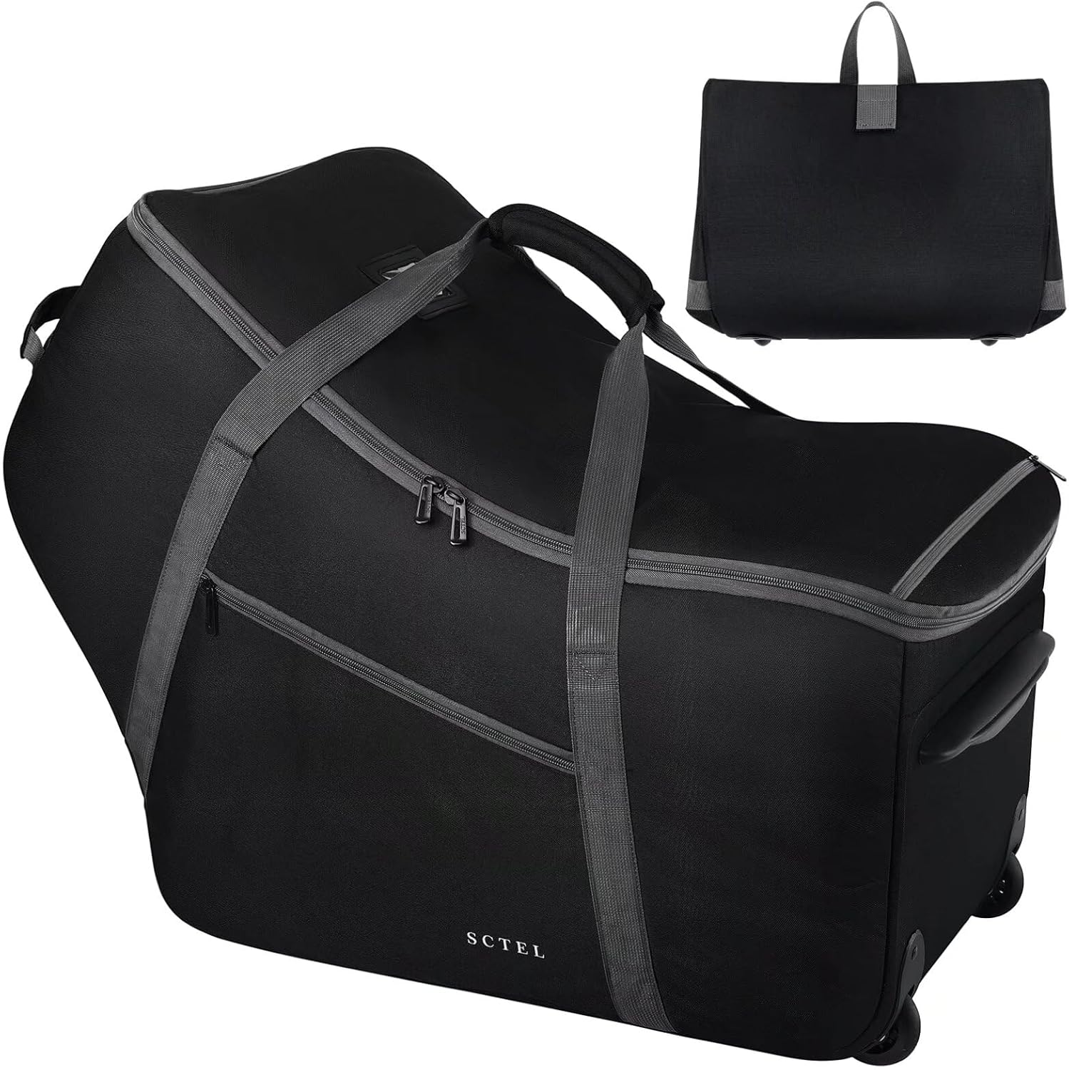 SCTEL car seat travel bag front view showing premium black padded fabric