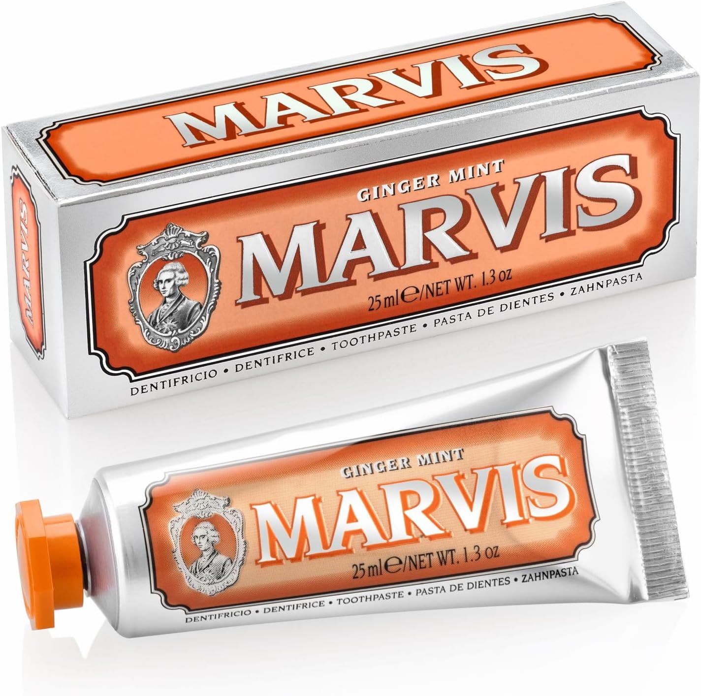 Marvis Ginger Mint Toothpaste front view orange vintage packaging premium luxury dental care.