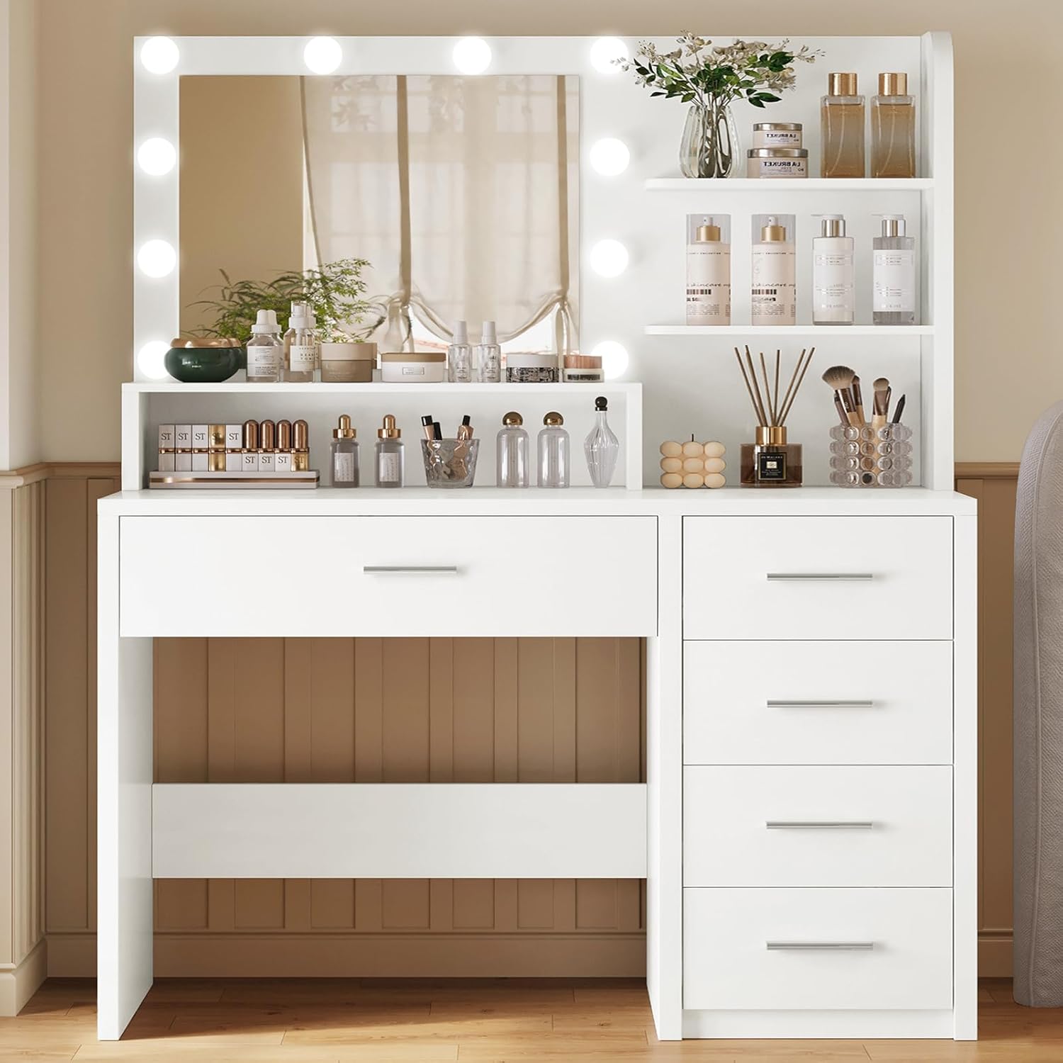 FIONESO vanity desk white dressing table front view with illuminated LED mirror