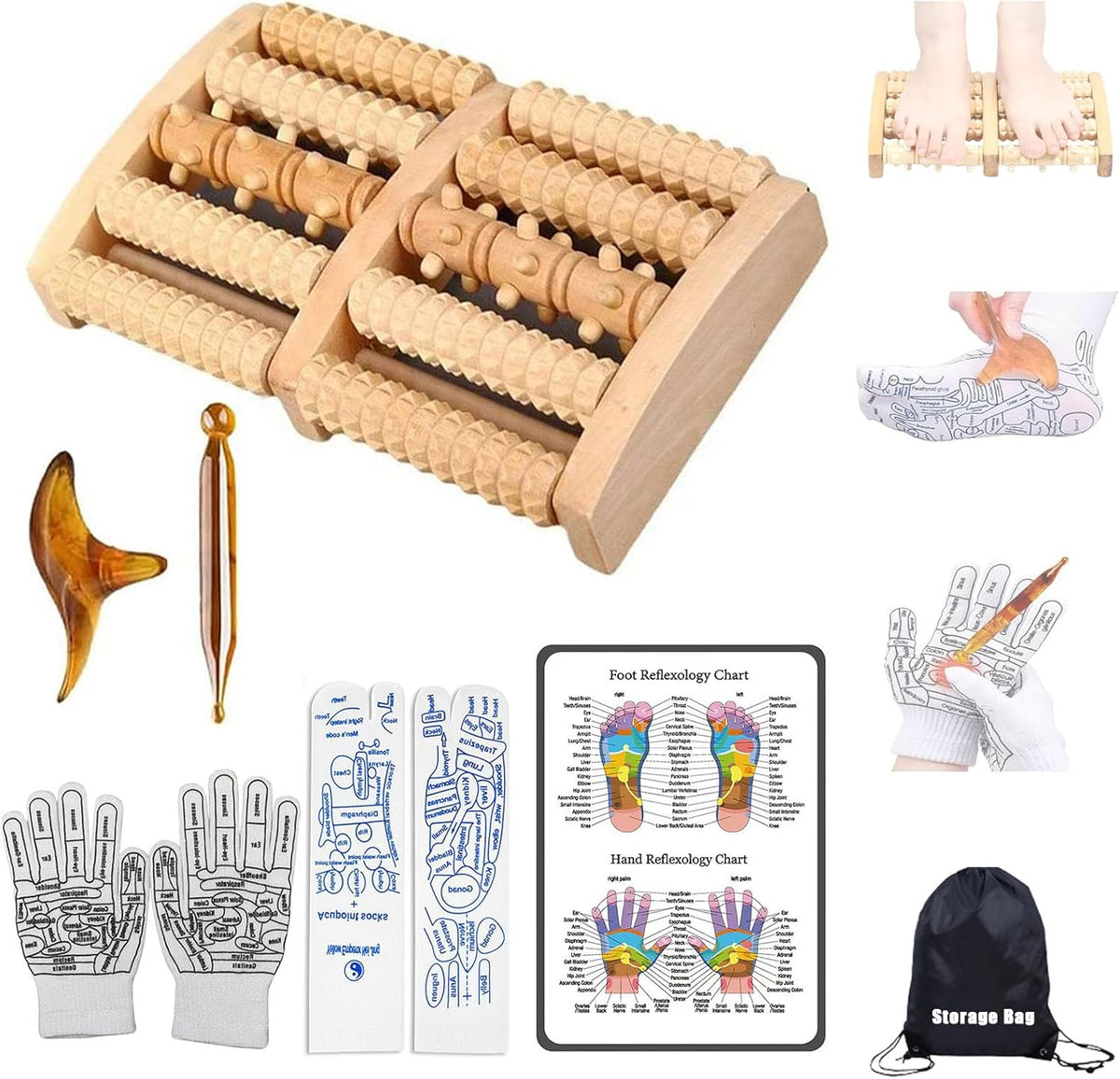 Generic wooden foot massager roller set front view for acupressure therapy.