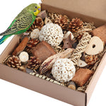 Kyouki conure chewing blocks and wicker balls assortment inside a box.
