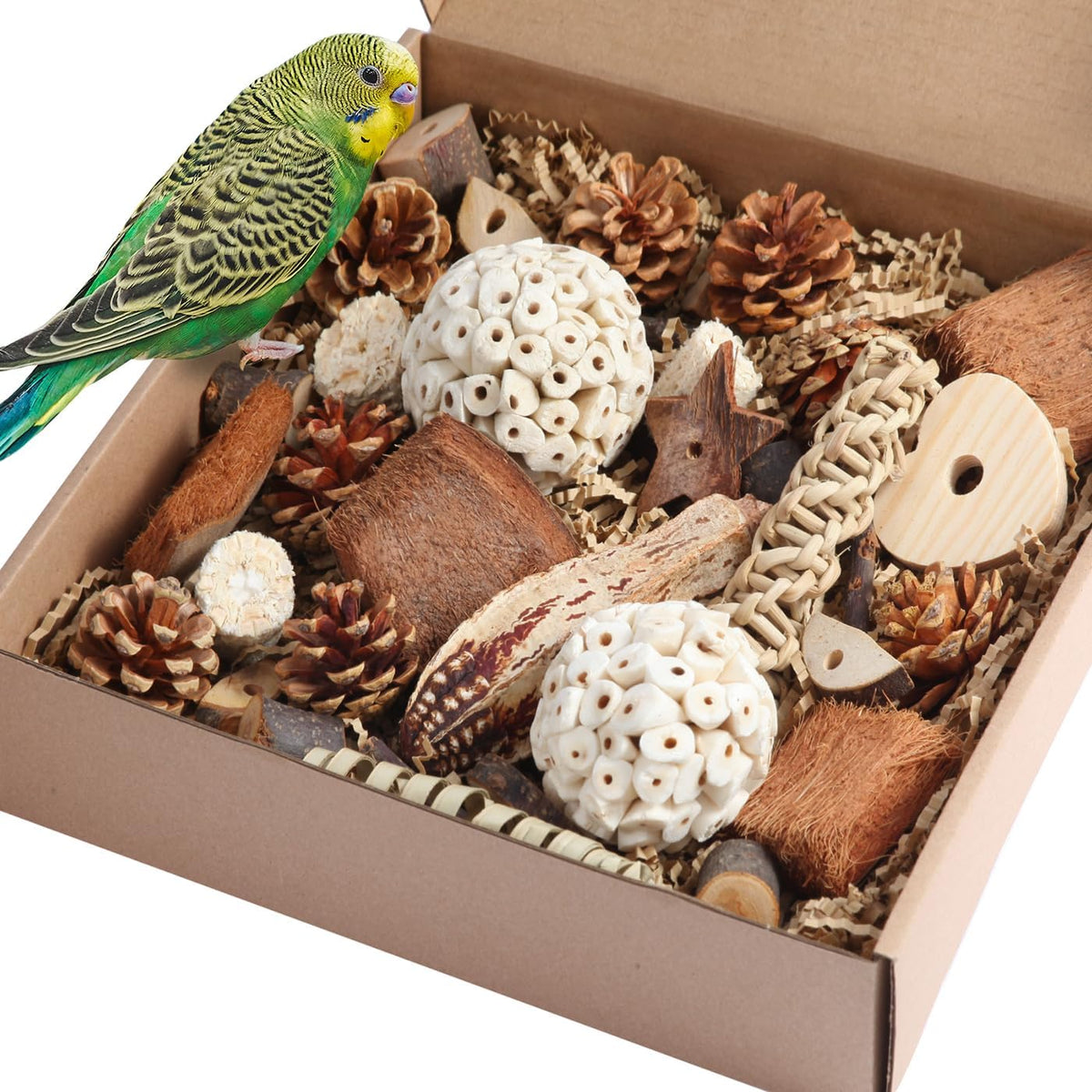 Kyouki conure chewing blocks and wicker balls assortment inside a box.