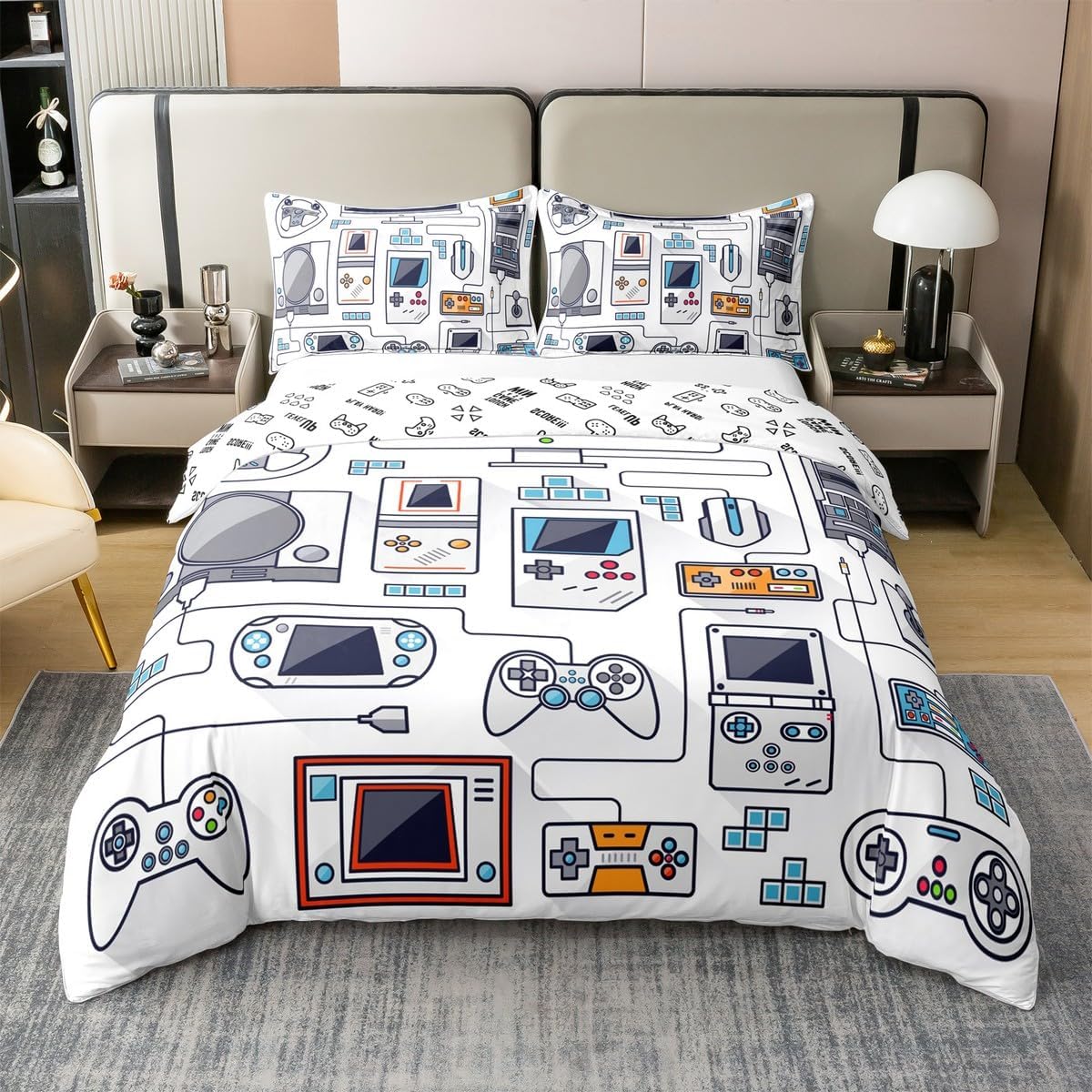 Erosebridal cotton gamer bedding twin size set front view showing vibrant joystick controller design on bed