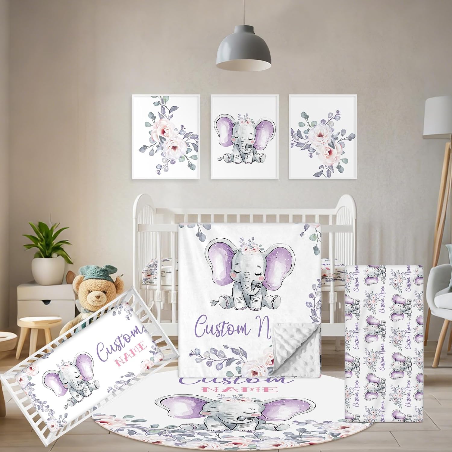 Terwex personalized baby crib bedding set front view showing custom name blanket and elephant theme
