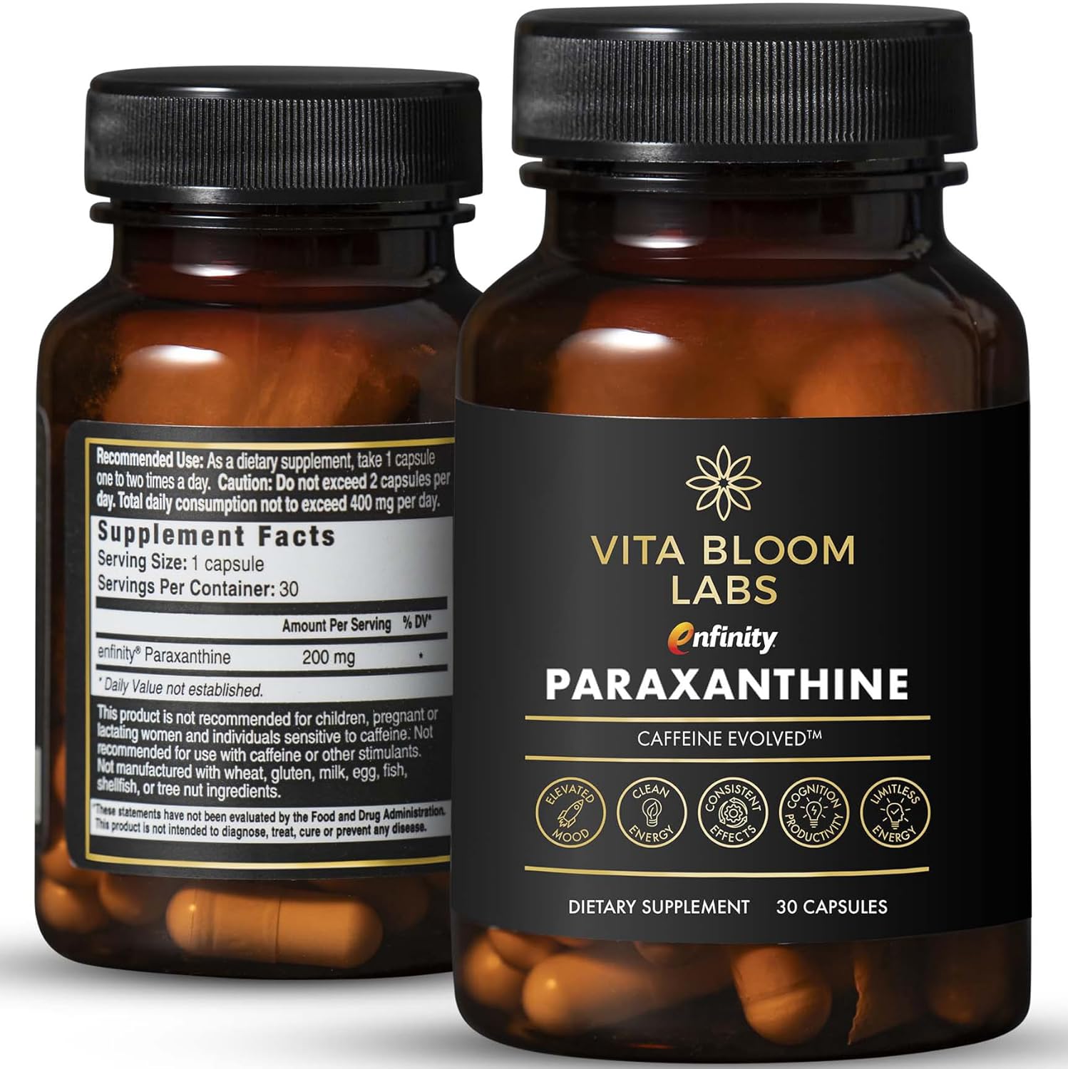 Vita Bloom Labs Enfinity Paraxanthine 200mg capsules front bottle view for clean energy.