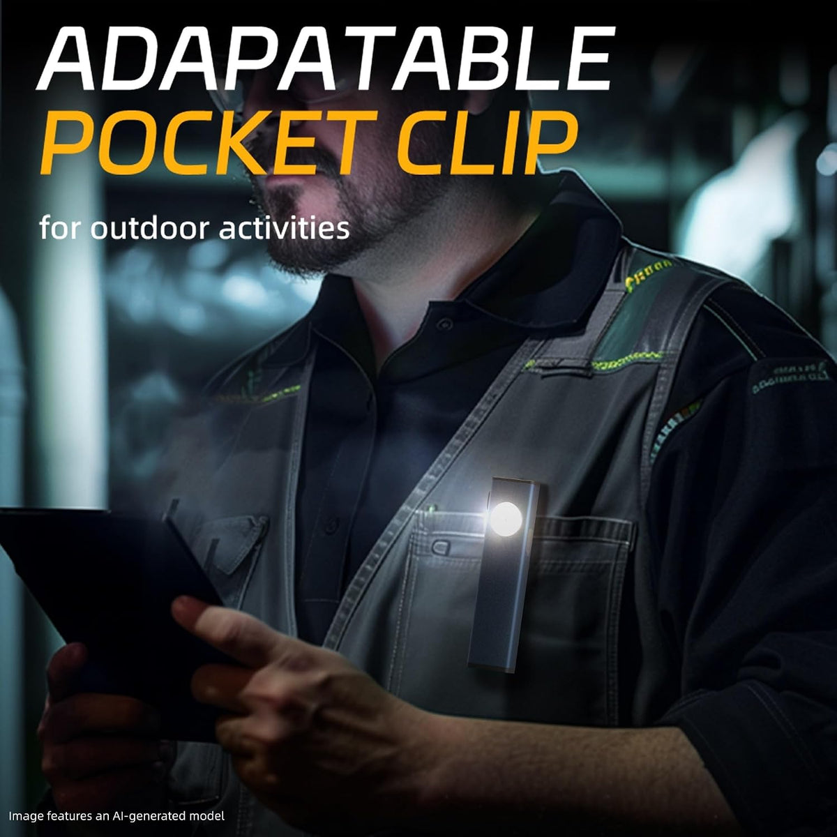 Lexall inspection light demonstrating pocket clip attachment on fabric.
