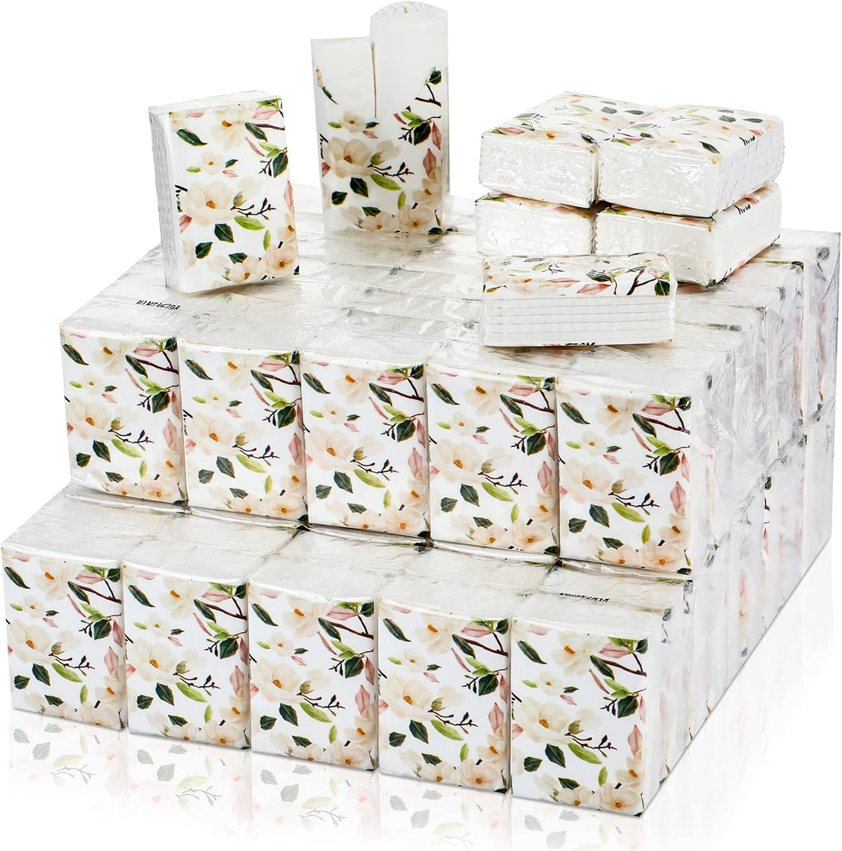 Thenshop 100 pack pocket facial tissues front view showcasing the elegant floral packaging design.