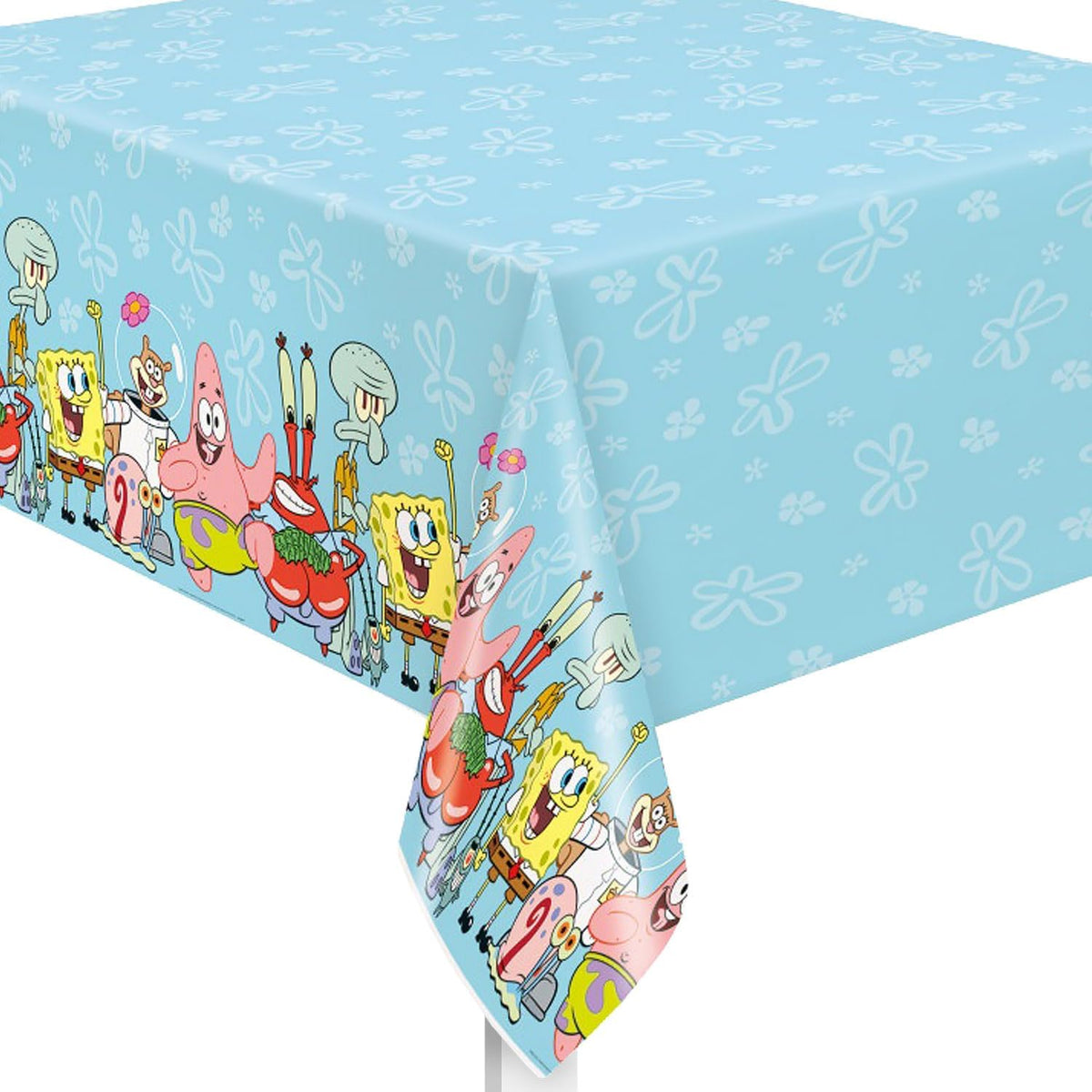 Unique SpongeBob SquarePants plastic table cover front view displaying vibrant underwater cartoon graphics for party decorations.