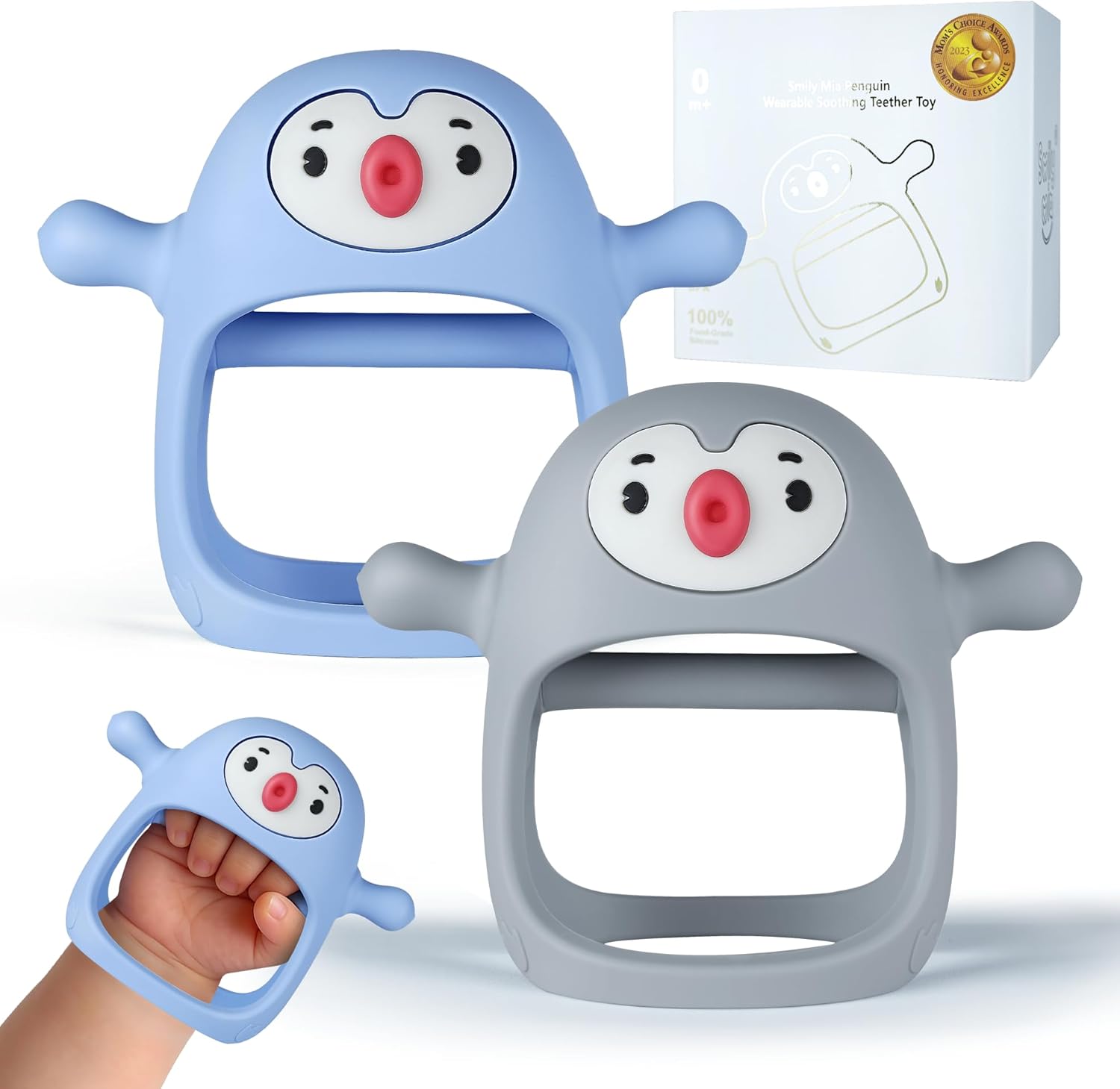 Smily Mia Penguin baby teething toys two pack front view authentic silicone teethers