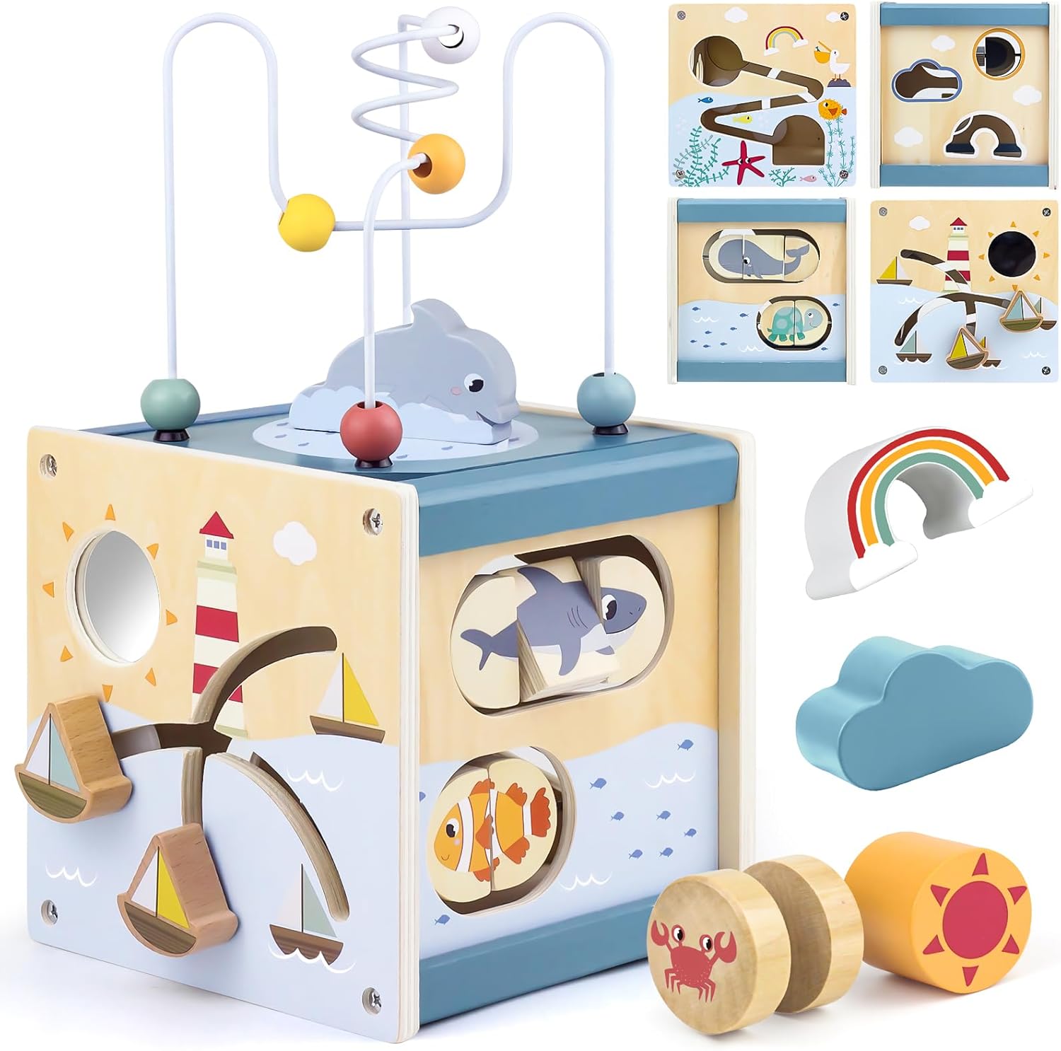Airlab wooden activity cube front view showing the blue ocean theme and shape sorter.