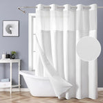 Eachope white no hook shower curtain front view hanging in a modern bathroom