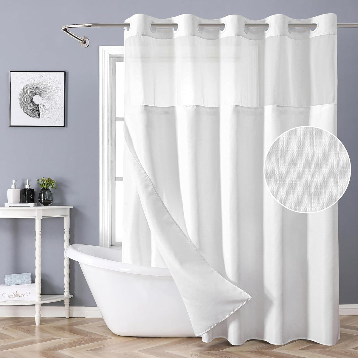 Eachope white no hook shower curtain front view hanging in a modern bathroom