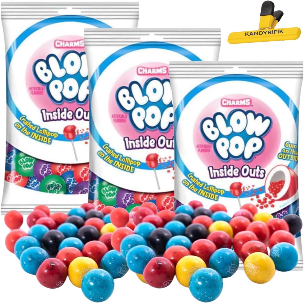 Kandyrifik Charms Blow Pop Inside Outs three pack front packaging view showing authentic imported American candy bag.