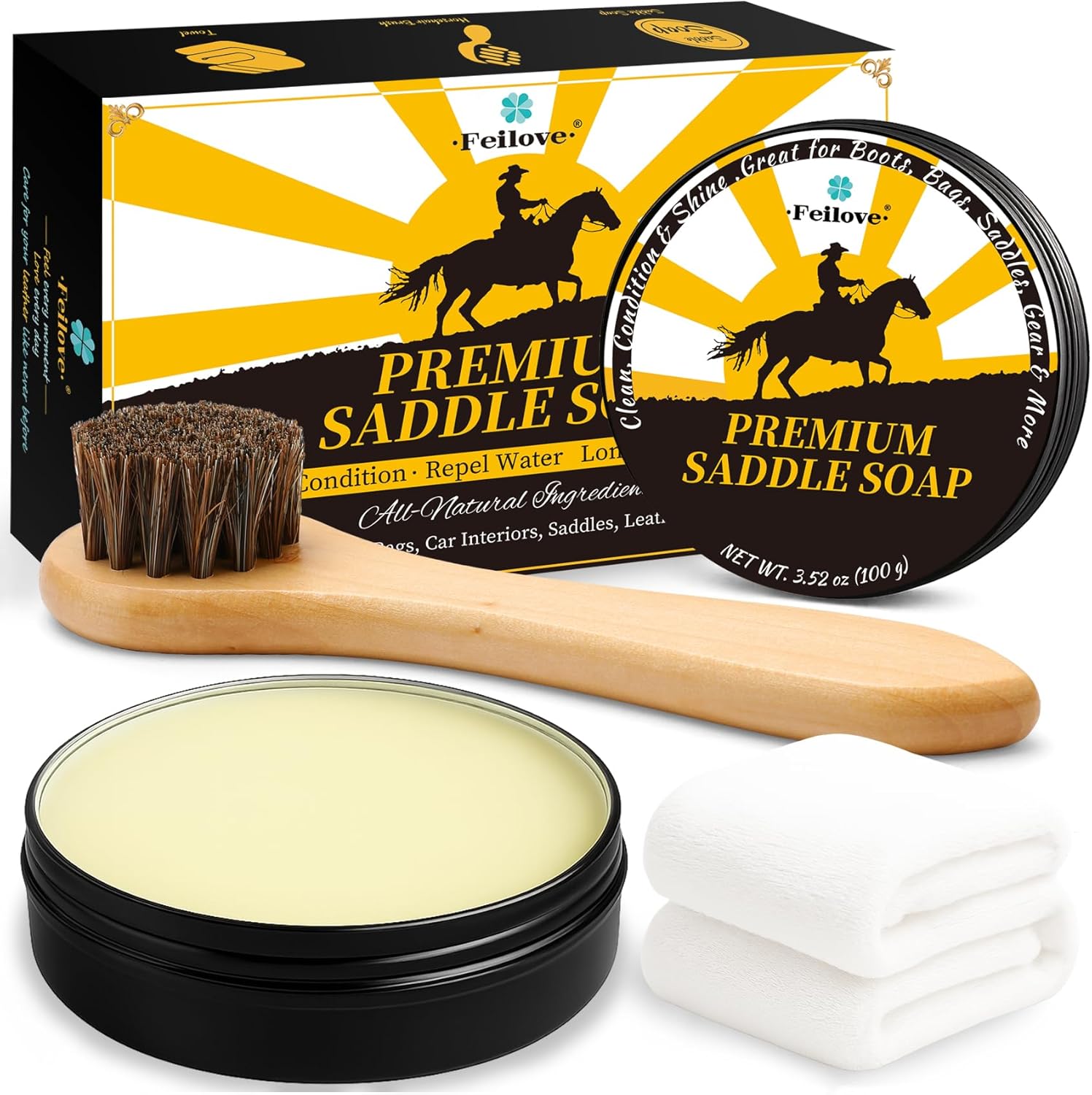 Feilove saddle soap leather cleaner and conditioner kit front view showcasing the compact travel case container