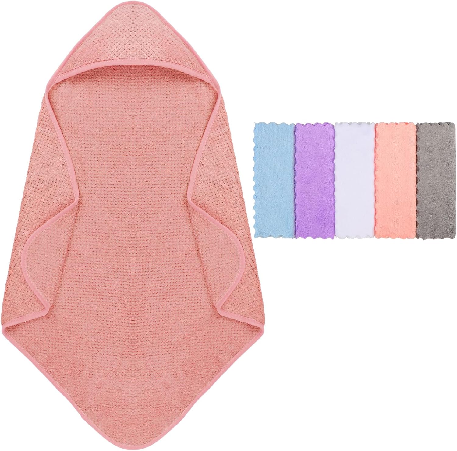 Orighty pink hooded baby towel with five matching washcloths front view