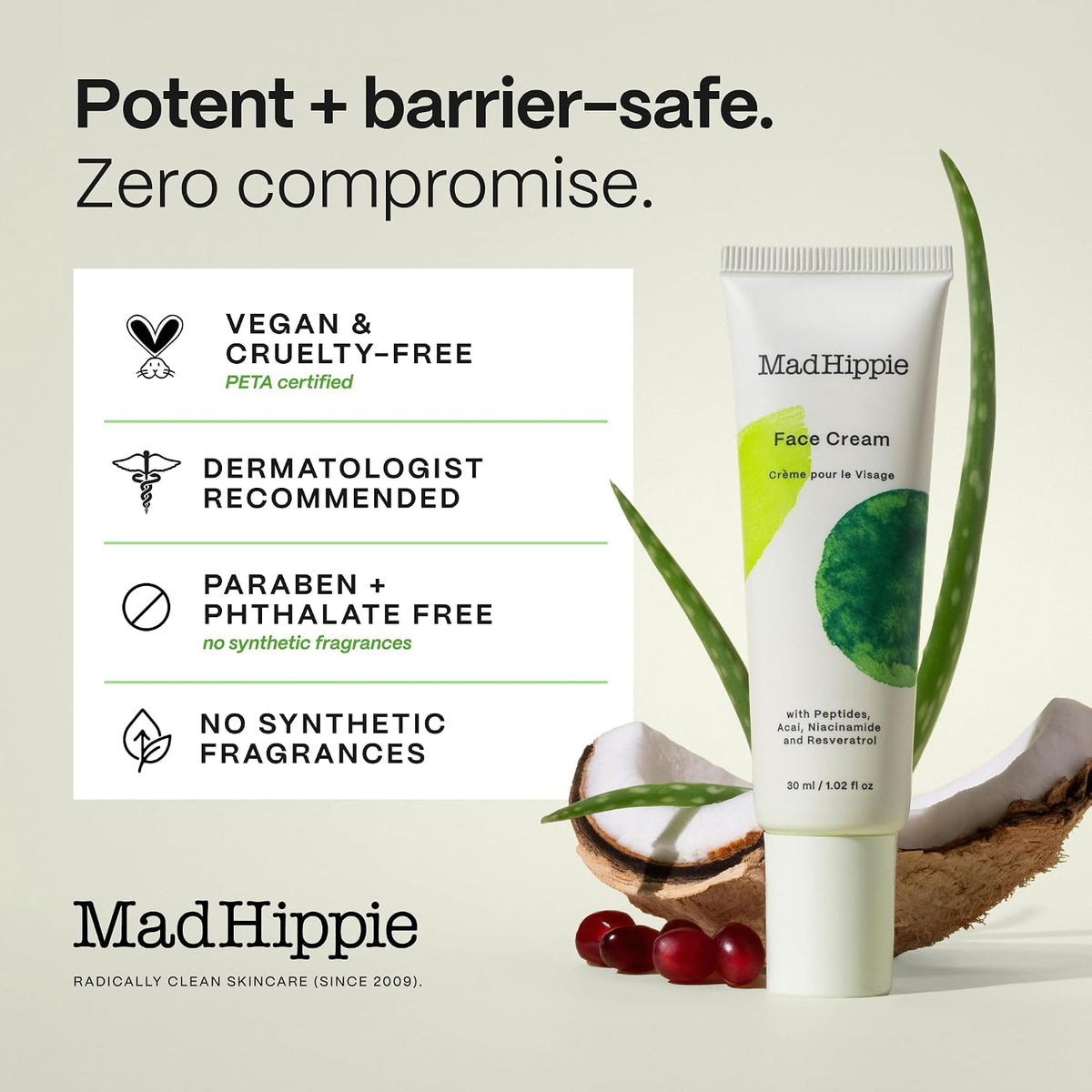 Side view of Mad Hippie age defying cream highlighting its cruelty free and vegan labels