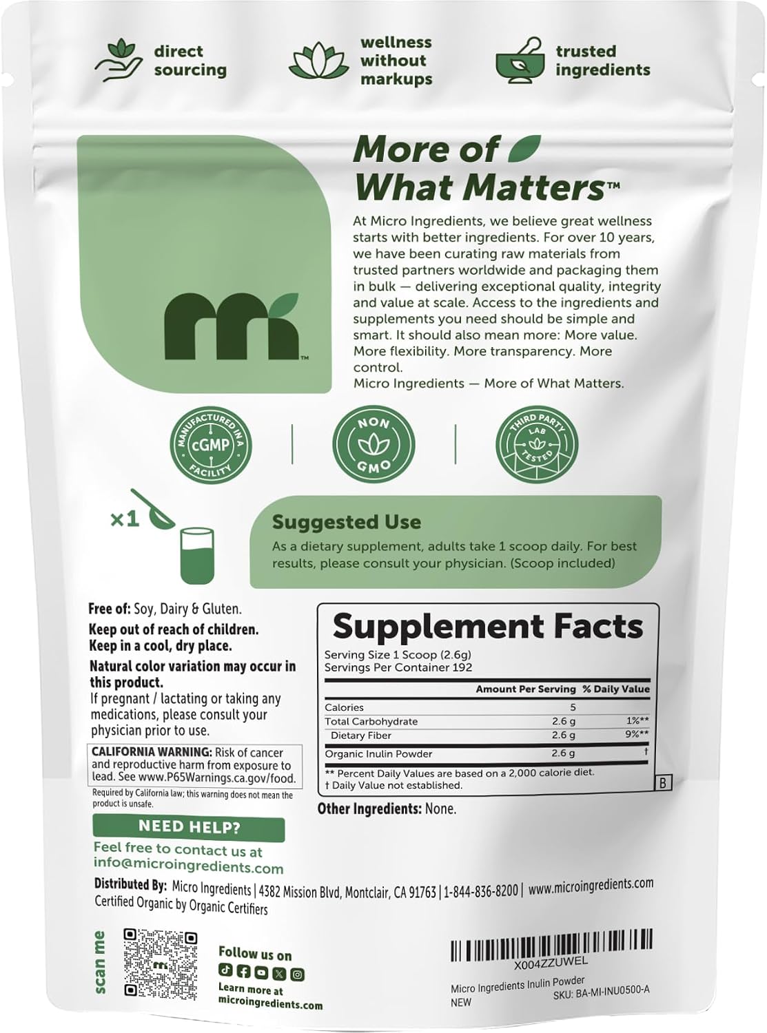 Micro Ingredients Organic Inulin FOS Fiber Powder USDA organic and non-GMO certification seals