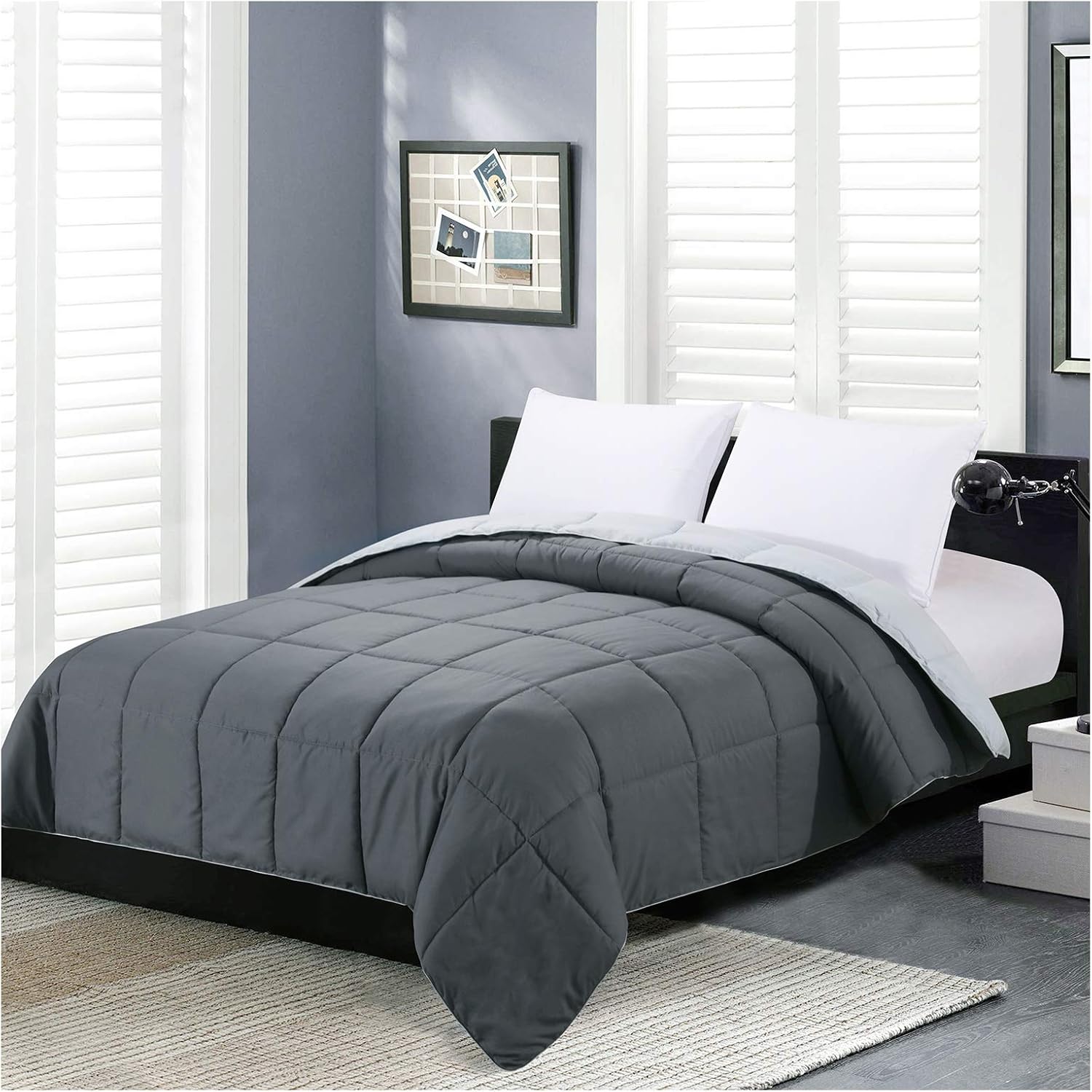 Homelike Moment Queen Size Comforter front view showing the dark grey and light grey reversible design on a neat bed.