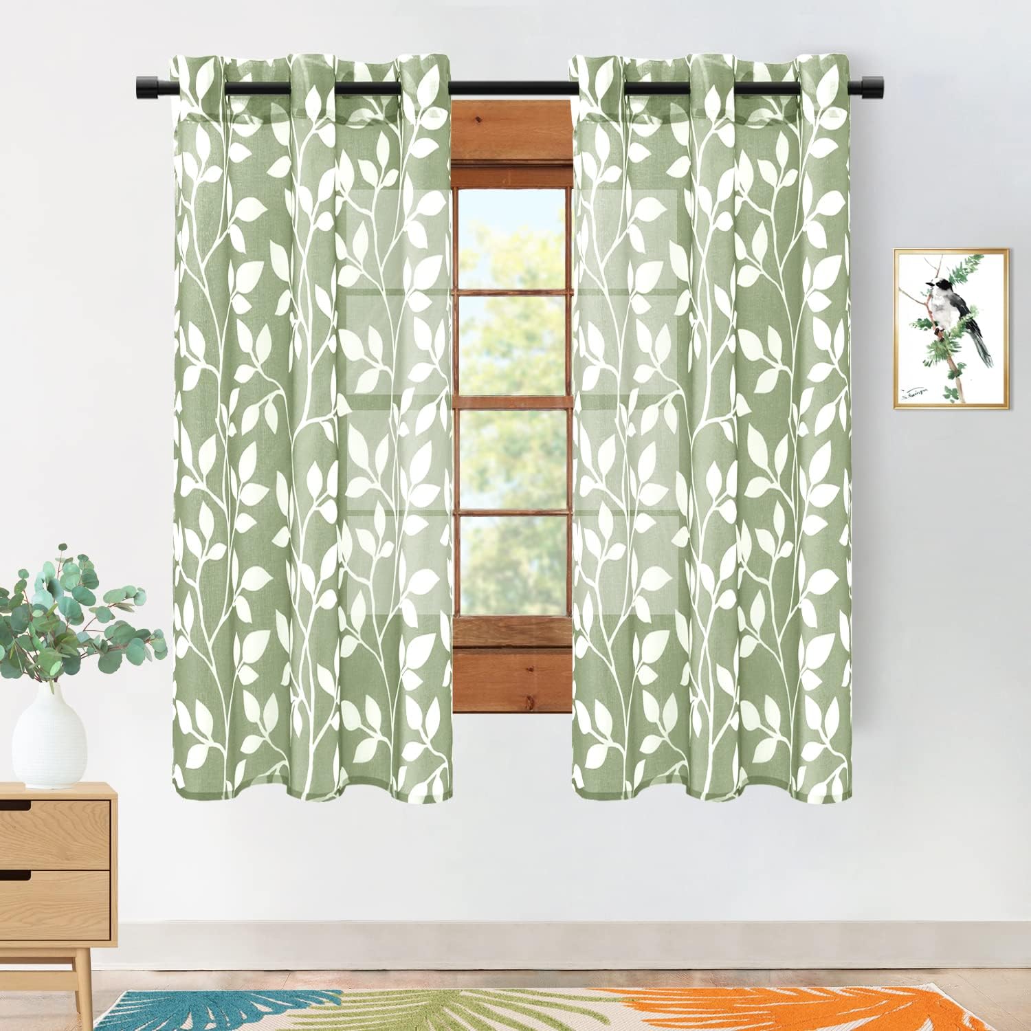 XTMYI Sage Green Botanical Leaf Sheer Curtains front view showcasing the white foliage pattern on a neutral background.