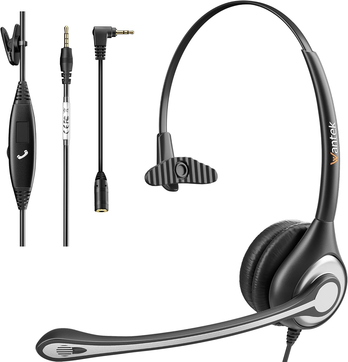 Wantek cell phone headset front view with noise-cancelling microphone
