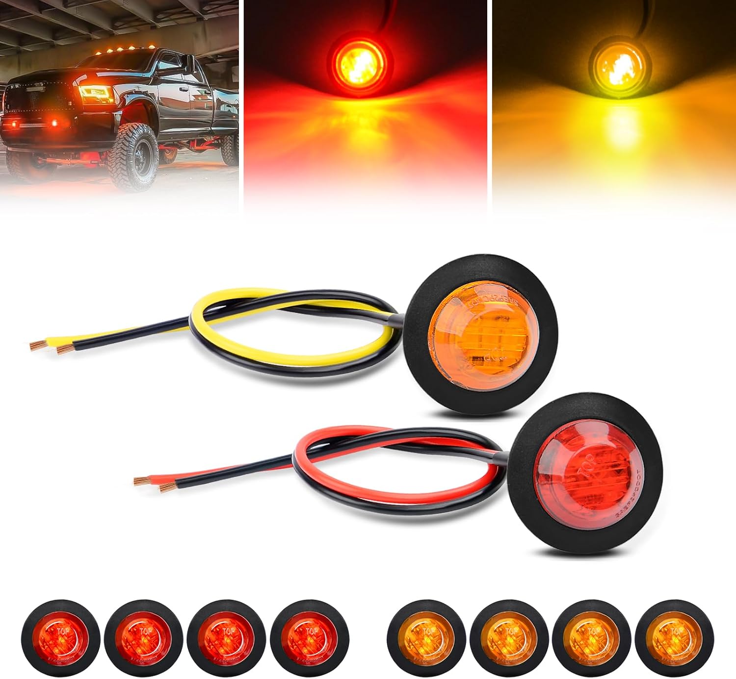 GOOACC bullet side marker light front view showcasing red and amber round clearance LED indicators for trucks.