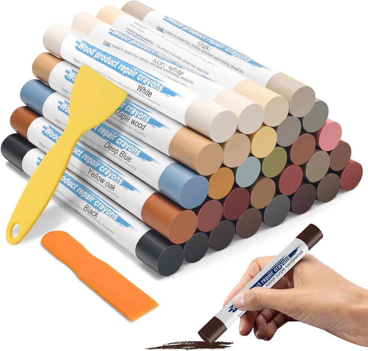 Windspeed Wood Filler Sticks front view showing thirty colorful wax repair crayons and two plastic scrapers
