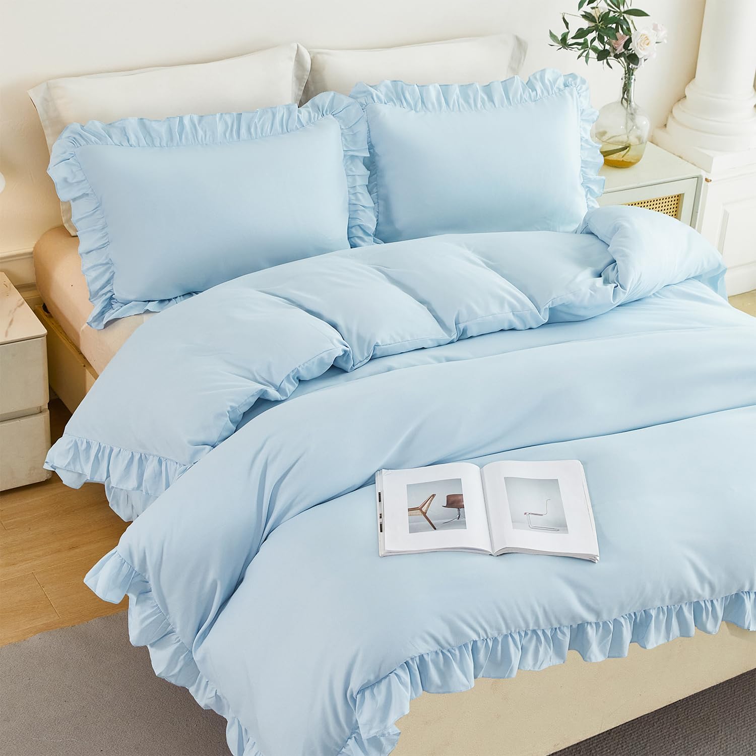 ZSYAYAHA light blue ruffle duvet cover set full size front view styled on a girl bedroom bed