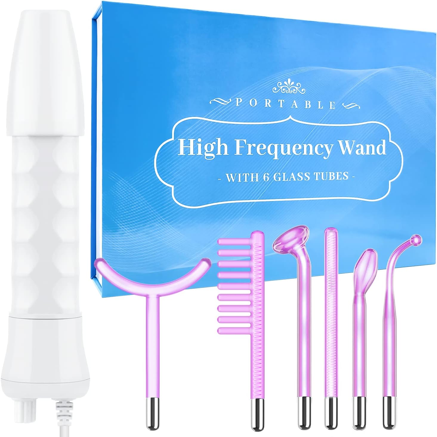 High Frequency Facial Wand - Uaike 6 in 1 Violet Portable Handheld High Frequency Facial Machine with 6 Pcs Purple Glass Tubes - at Home Face Skin Wand Device for Neck/Body/Hair/Face - Image 1
