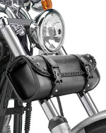 KEMIMOTO motorcycle tool fork bag front view showcasing black polyurethane leather and quick release buckles.