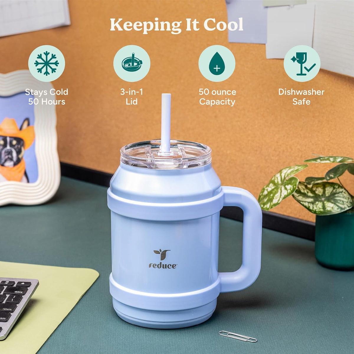Reduce 50 fluid ounce tumbler with 3-in-1 sip lid and straw