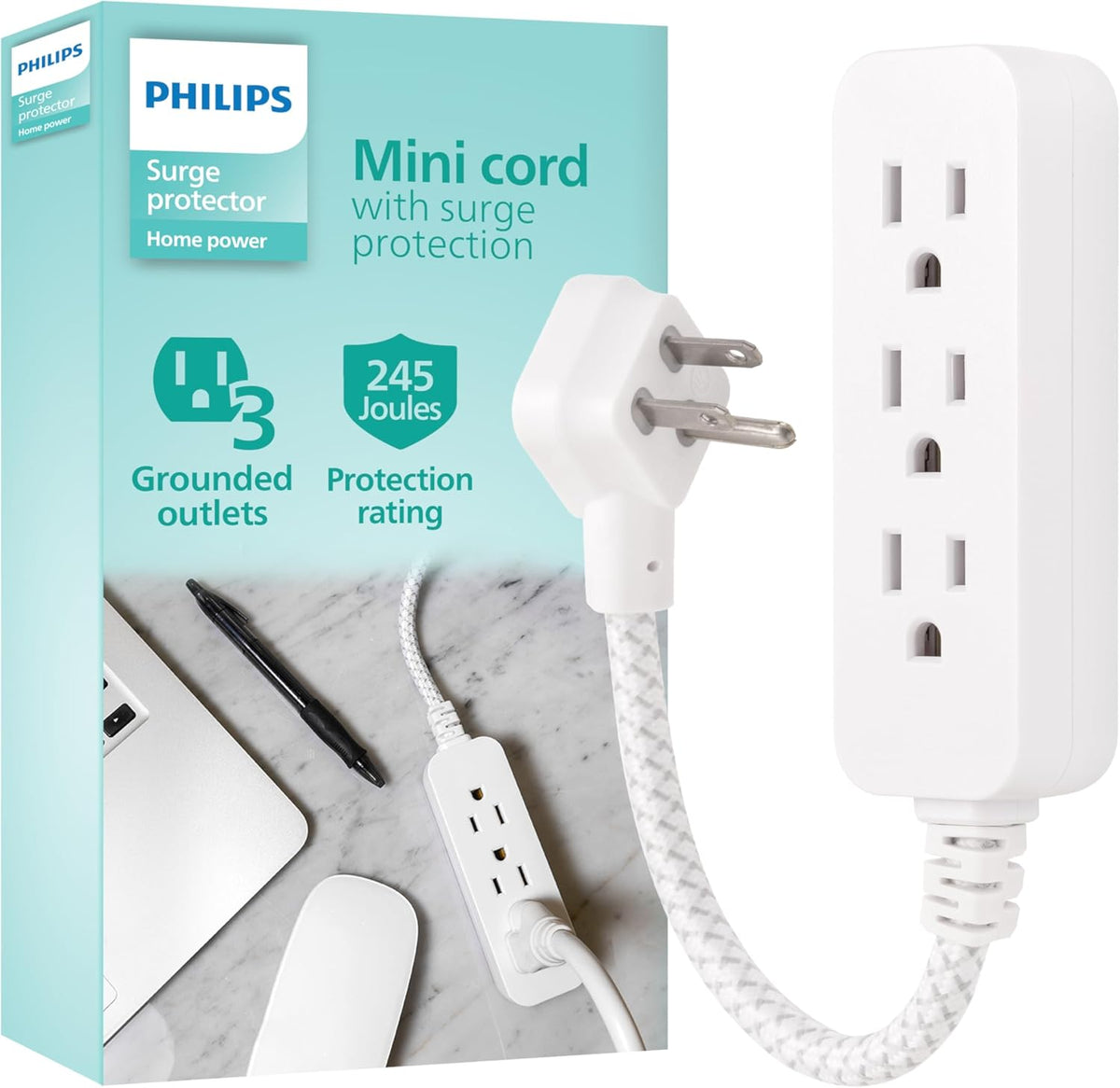 Philips 3-outlet grounded mini extension cord front view