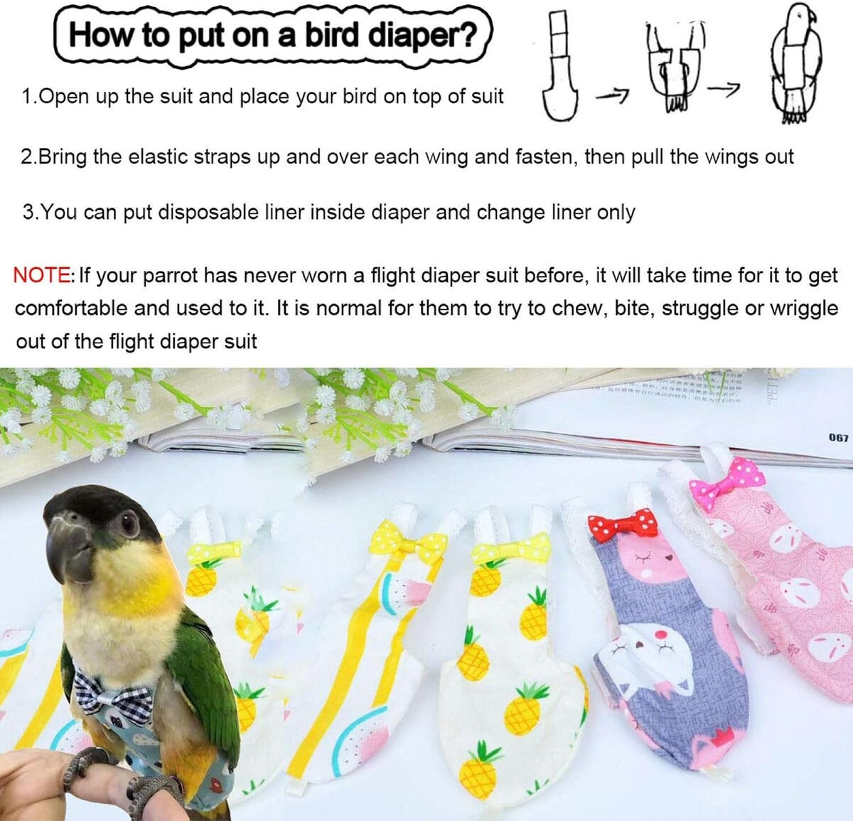 Premium bird apparel for conures and African greys demonstrating the flexible stretch design