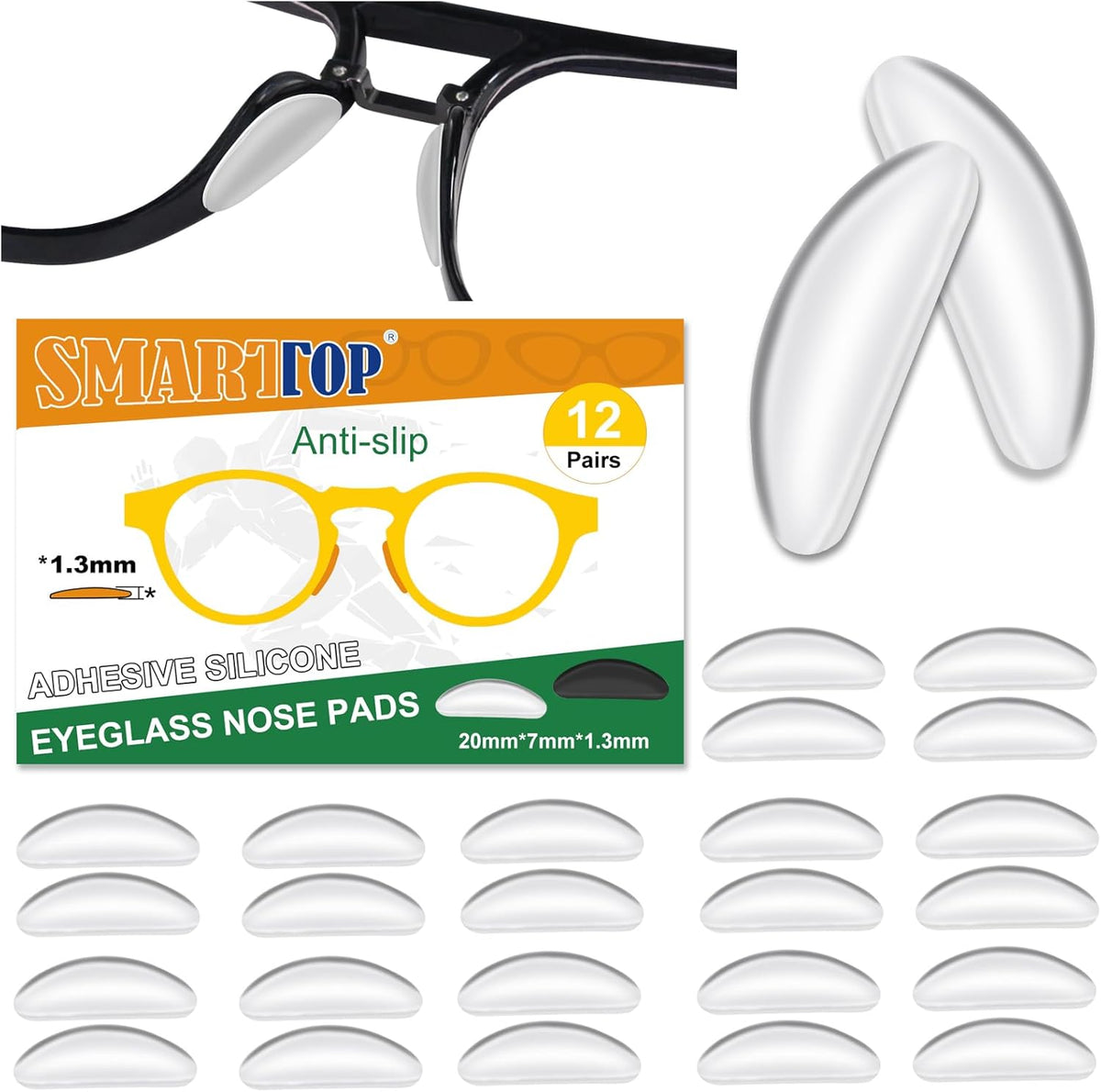 SmartTop adhesive eyeglass nose pad front view showing clear D-shaped silicone pieces