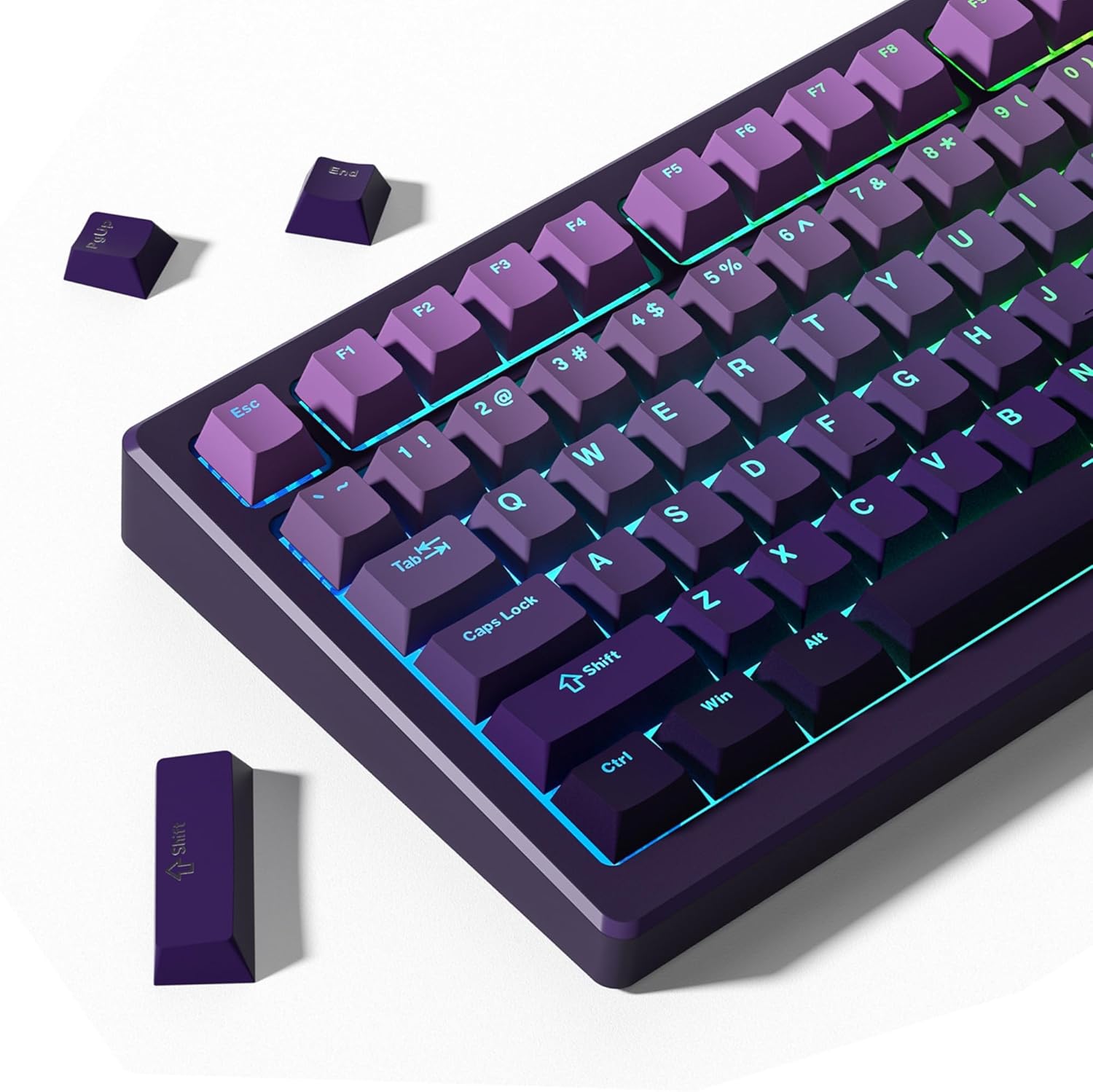 Womier custom keycaps set showcasing front view of gradient purple mechanical keyboard styling.