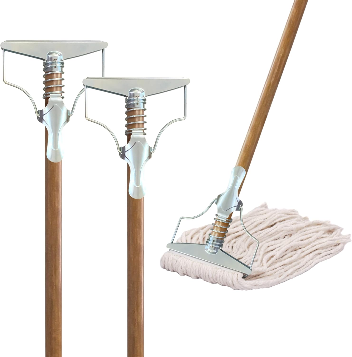 ILOT commercial grade mop handle front view showing steel spring clamp