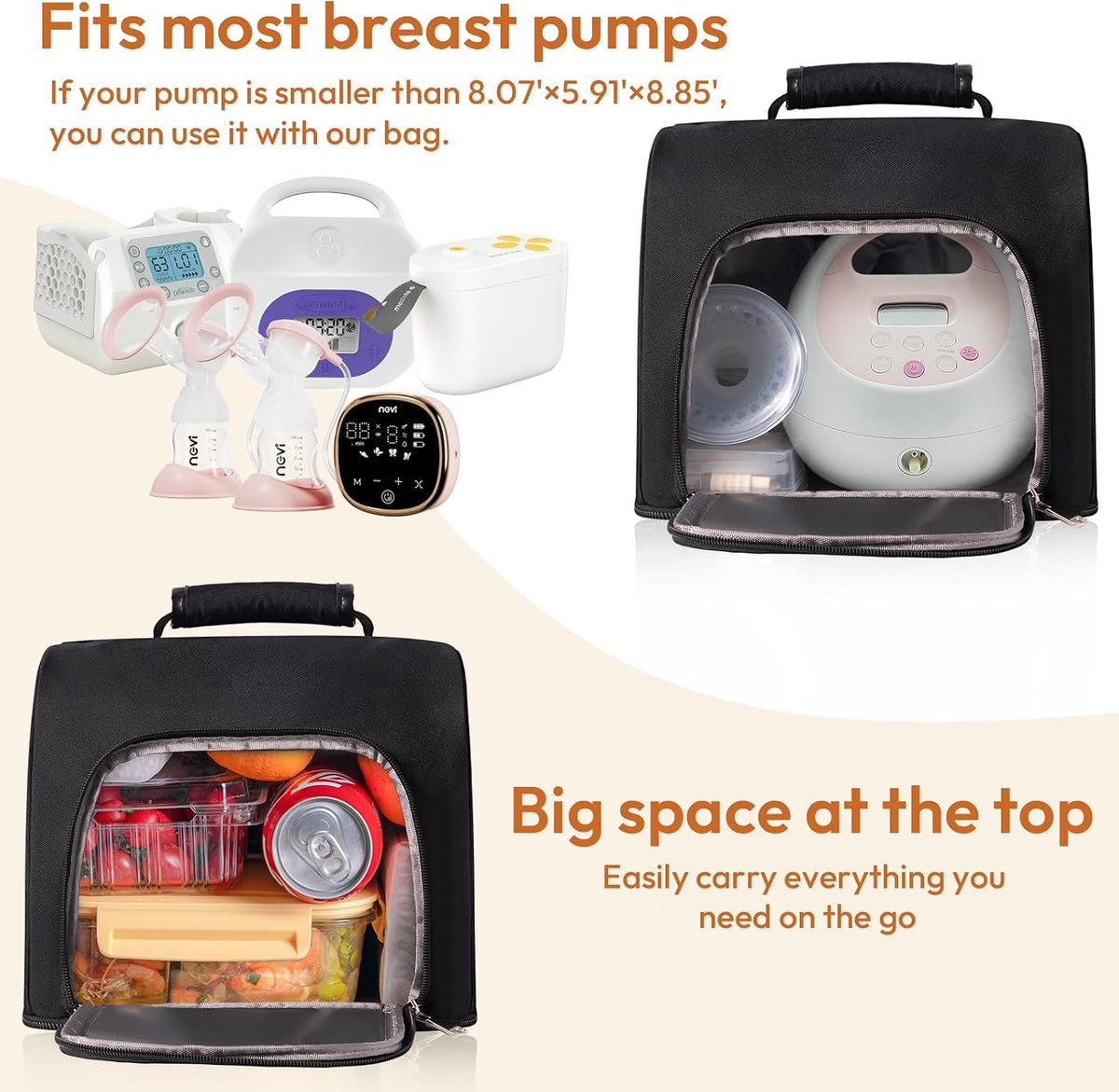 NCVI breast pump carrying bag showing side mesh pockets and storage