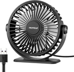 TriPole small portable desk fan front view showing matte black finish and compact blades.