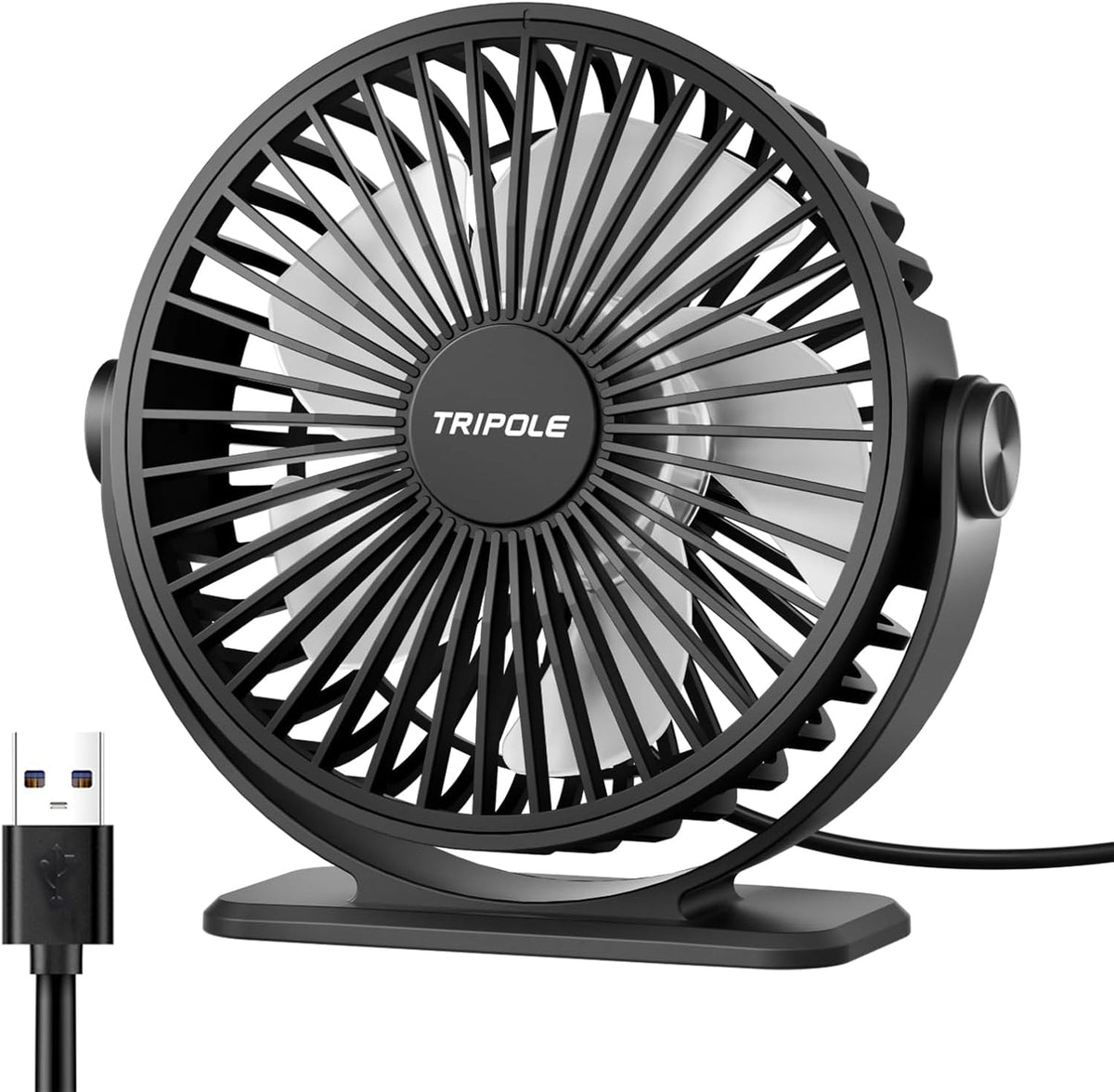 TriPole small portable desk fan front view showing matte black finish and compact blades.