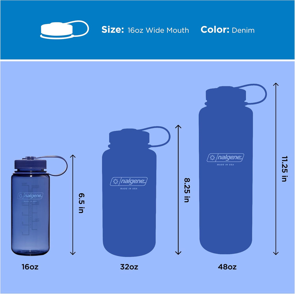 Nalgene 16 Ounce Wide Mouth Water Bottle Denim volume graduation markings