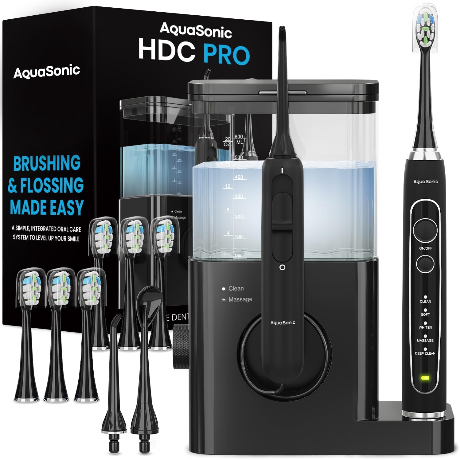 AquaSonic Home Dental Center PRO front view showing toothbrush and flosser station.