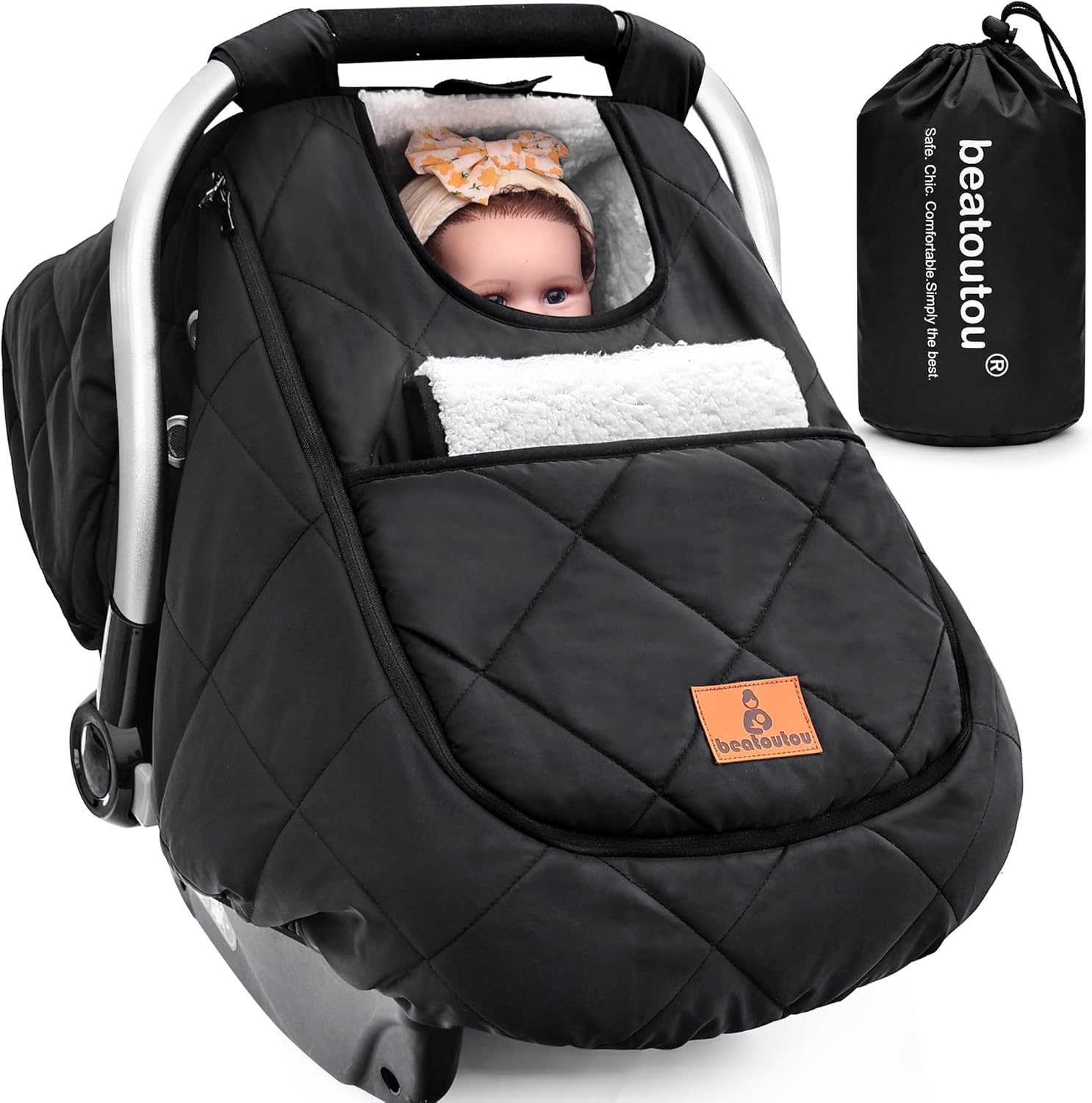 Beatoutou winter baby car seat cover in black front view showing premium waterproof exterior shield